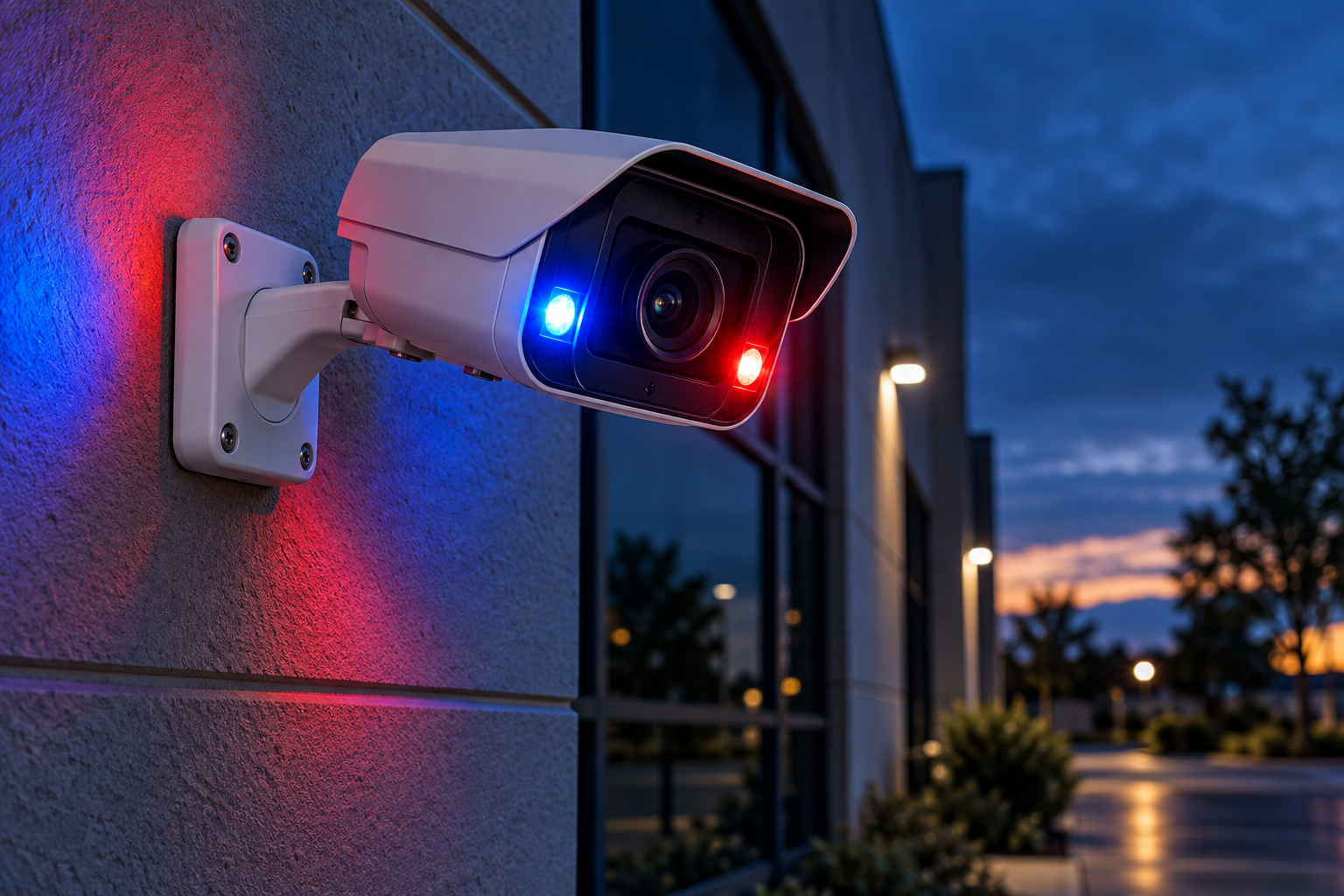 Illustrative security camera with illuminated red and blue warning lights demonstrating active deterrence