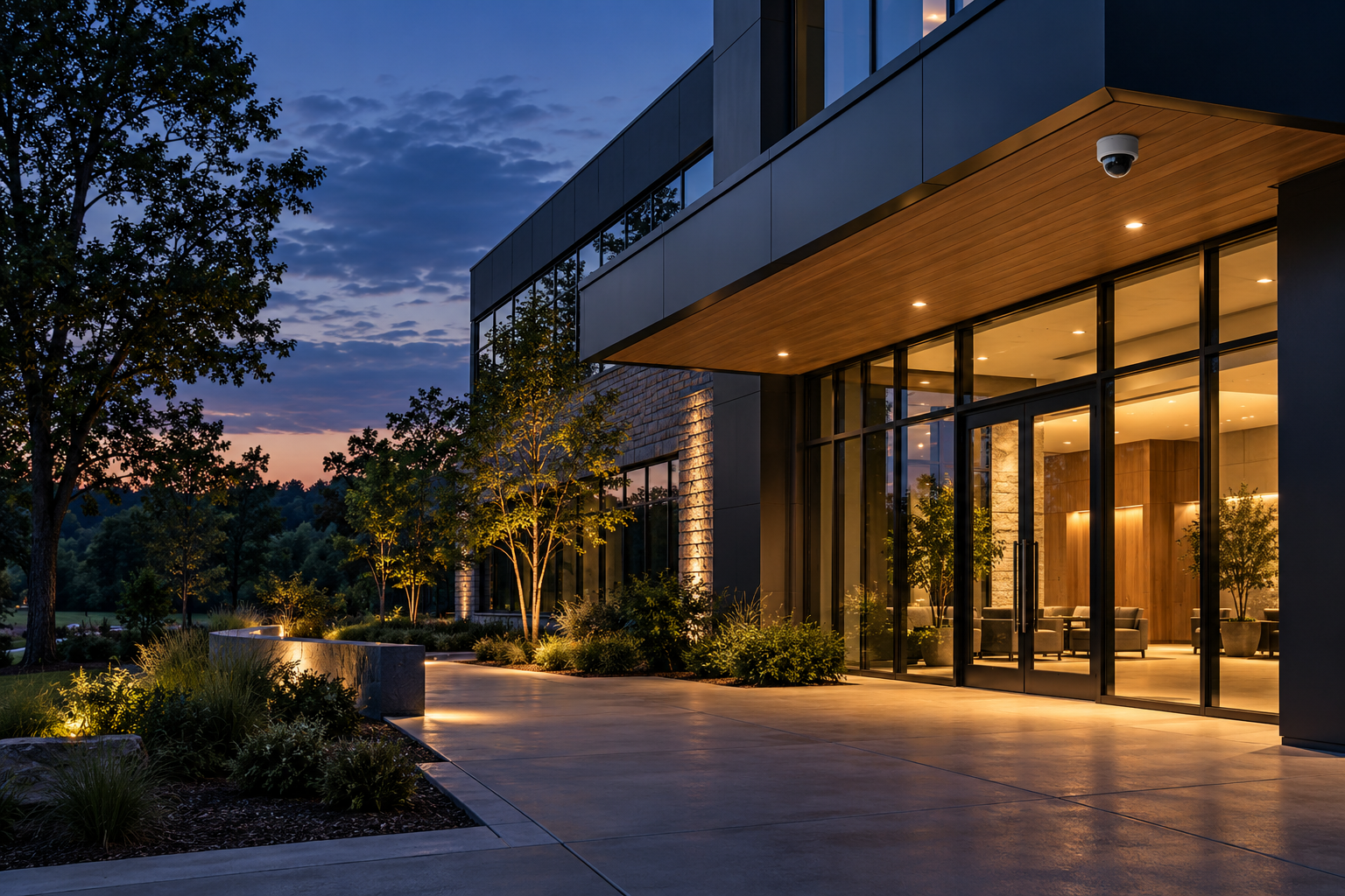 Contemporary commercial building with an integrated security camera