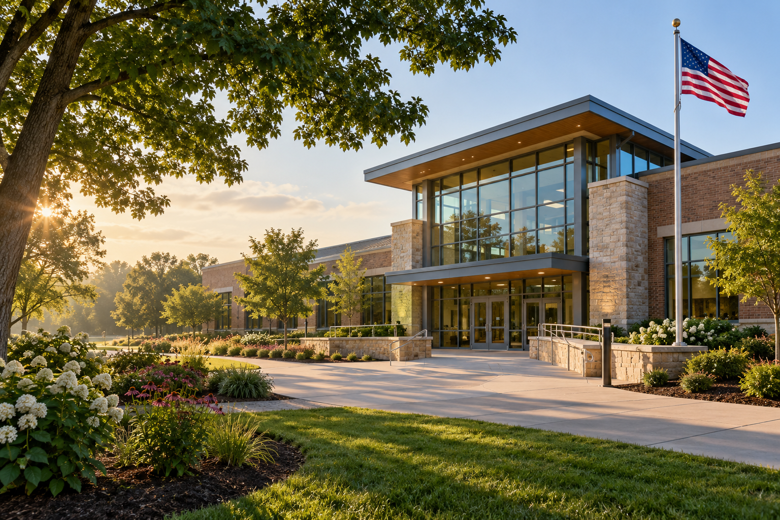 Illustrative contemporary civic facility with landscaped grounds and a flagpole