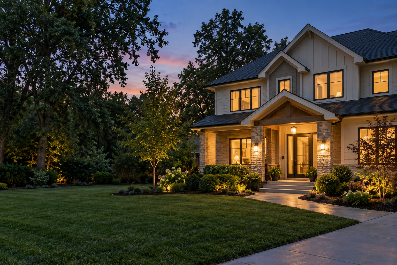 Home with a warmly lit front porch at dusk