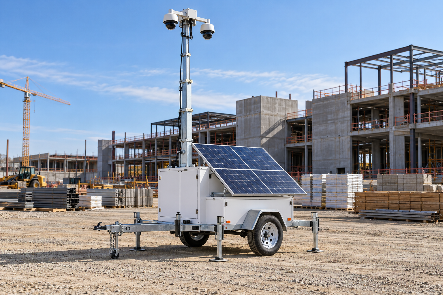 Illustration of a mobile surveillance trailer with elevated cameras at a construction jobsite